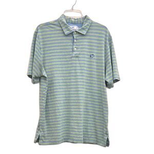 Southern Tide Shirt Mens L Golf Polo Green Blue Stripe Pima Cotton Fish Logo